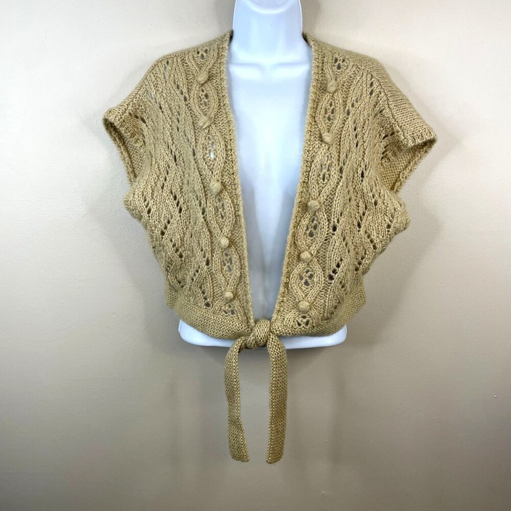 Y2K Womens Chunky Crochet Alpaca Mohair Sweater Size L Tie Front 3D Layering